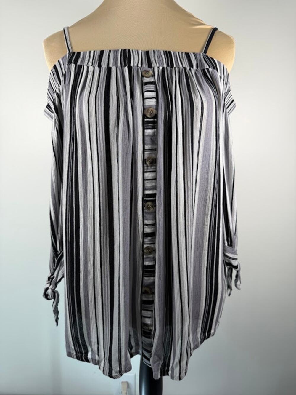Lascana Womens Cold Shoulder Top Size 8/10 Black Gray White Stripe Button Tie